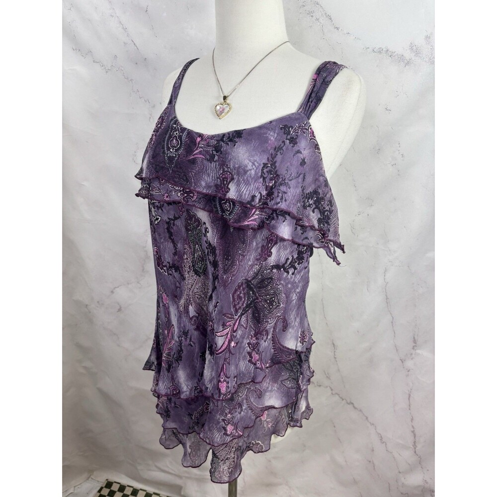 Vtg Y2k Silk Tiered Cami Blouse Asymmetrical Paisley Whimsigoth Fairy XL Purple - Picture 3 of 16